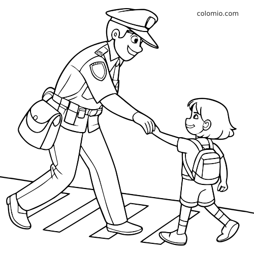 Un poliziotto visto di lato tiene per mano una bambina con lo zaino mentre attraversano sulle strisce pedonali.