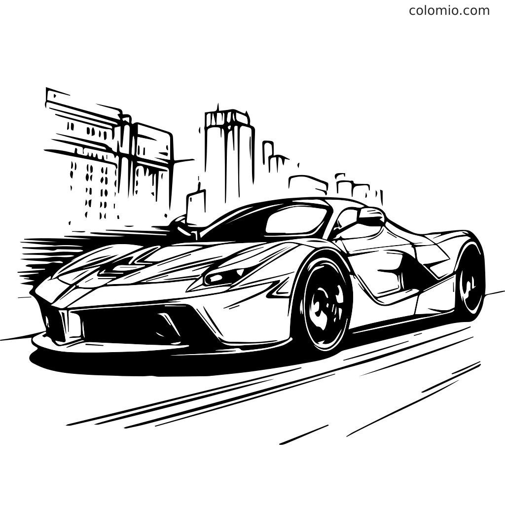 Um carro esportivo elegante correndo por uma paisagem urbana, perfeito para colorir.