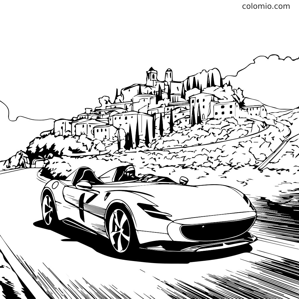 Une page à colorier en ligne représentant une voiture de sport sur une route sinueuse avec un village en arrière-plan.
