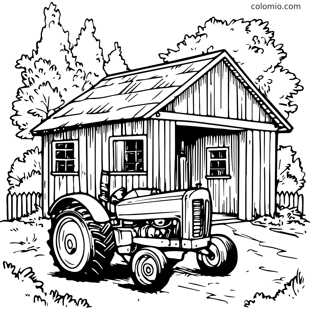En sort-hvid farvelægningsside med en traktor foran en lade omgivet af træer.