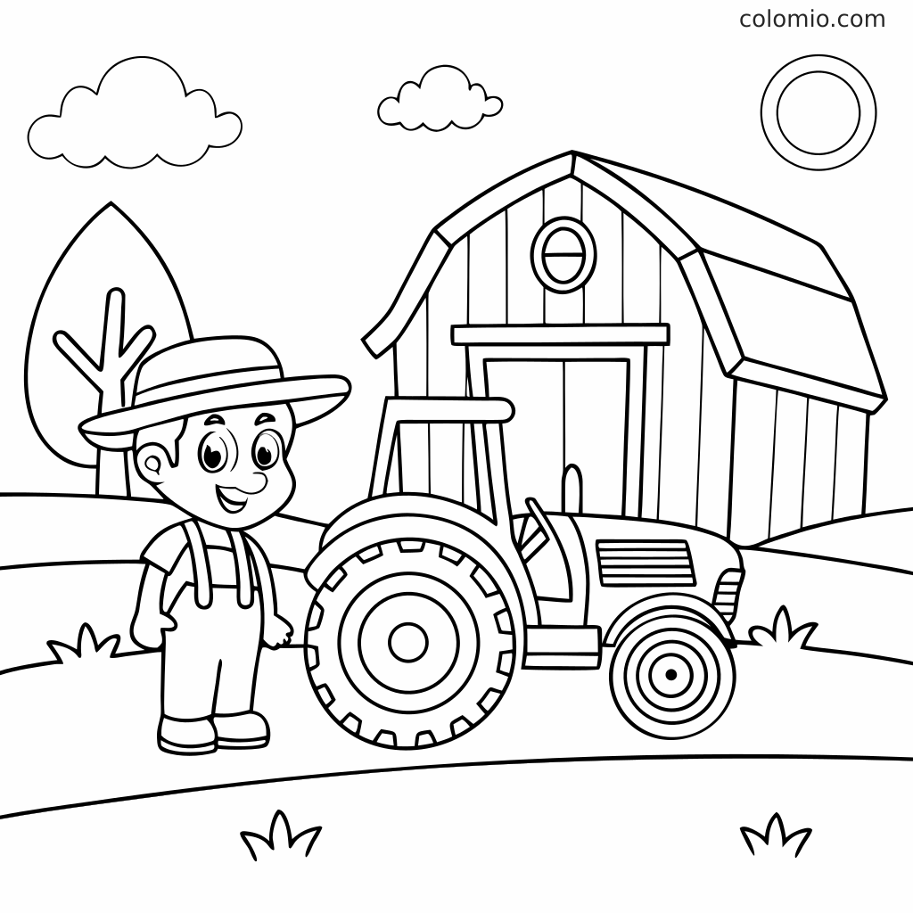 Un fermier portant un chapeau se tient à côté d’un tracteur devant une grange, avec un arbre, des nuages, le soleil et des collines herbeuses.