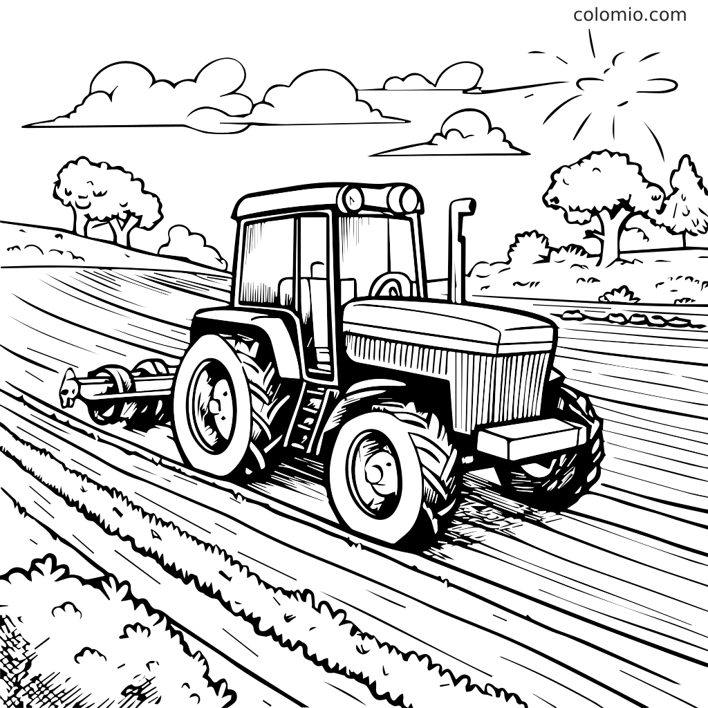 Mustavalkoinen värityssivu, jossa traktori kyntää peltoa puiden ja pilvien taustalla.
