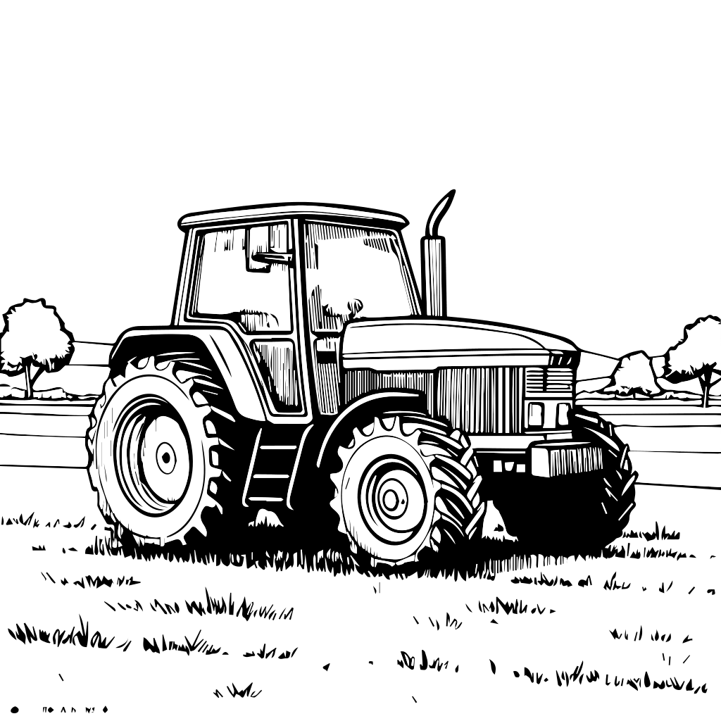 Disegno a linee di un trattore parcheggiato in un campo erboso con alberi sullo sfondo, pronto per essere colorato.