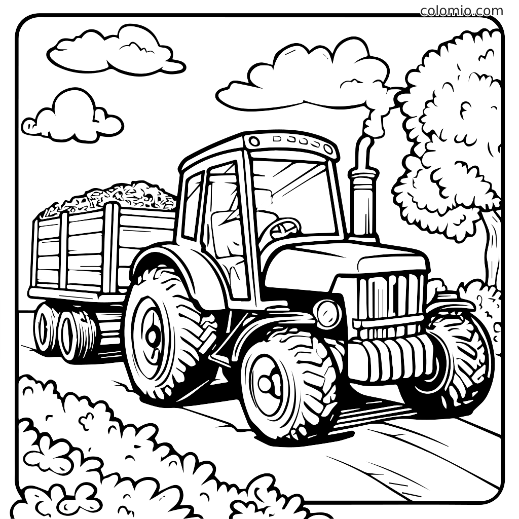 Mustavalkoinen värityssivu, jossa on traktori, jonka perässä on heinää täynnä oleva perävaunu, ajamassa tietä, jota ympäröivät puut ja pilvet.