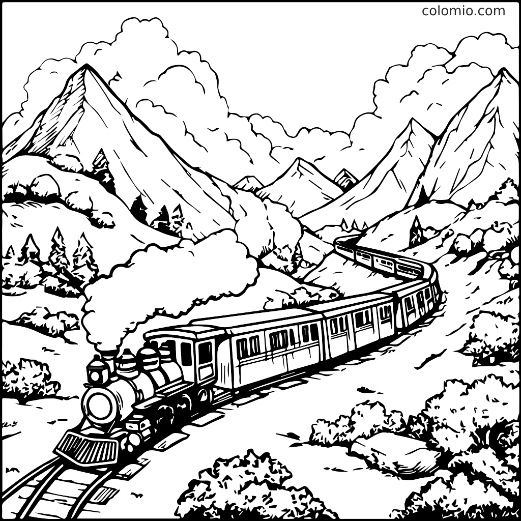 Une page à colorier en noir et blanc représentant un train voyageant à travers un paysage montagneux avec des nuages.