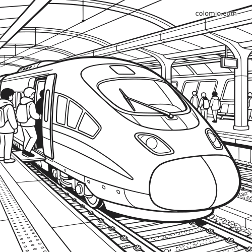 Vista aproximada de um trem-bala moderno em uma estação, com passageiros embarcando e outro trem na plataforma oposta.