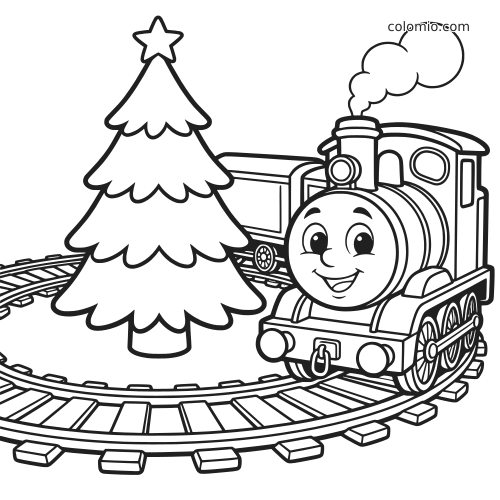 Uma locomotiva de desenho animado com rosto sorridente circula uma árvore de Natal em trilhos de trem de brinquedo, em traço preto e branco.