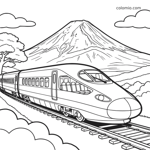 Um trem-bala detalhado nos trilhos em primeiro plano, com o Monte Fuji ao fundo, além de nuvens e árvores na paisagem.