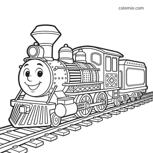 Uma locomotiva a vapor em estilo cartoon com rosto sorridente, vagão de carvão e muitos detalhes sobre os trilhos.