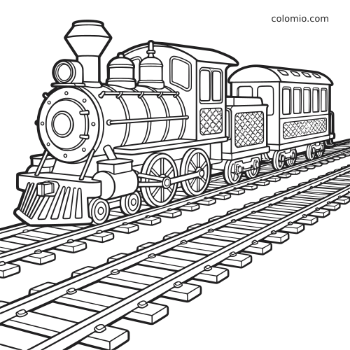Uma locomotiva a vapor detalhada com vagão de passageiros sobre trilhos, em ilustração de contorno preto e branco.