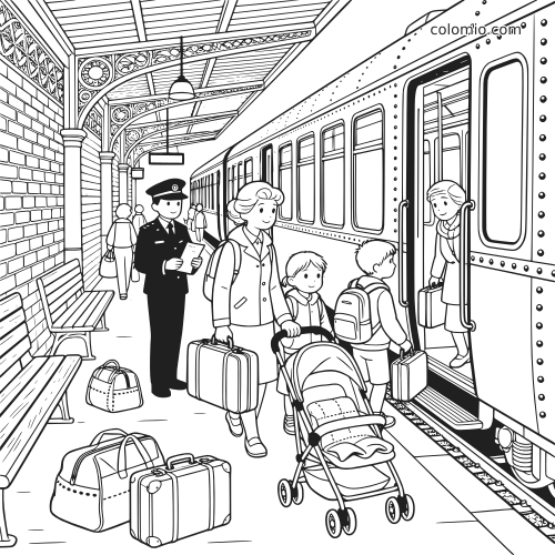 Cena em preto e branco de uma estação de trem com passageiros, um condutor, crianças, carrinho de bebê e malas ao lado do trem.