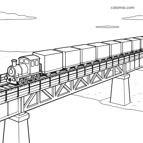 Um trem de carga longo, com pequena locomotiva a vapor e vários vagões, cruzando uma ponte metálica em traço simples.