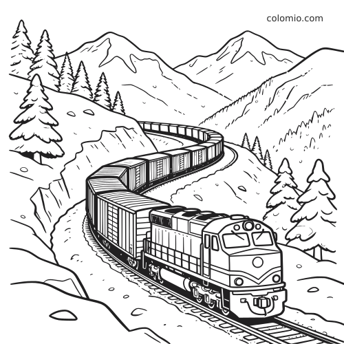 Um longo trem de carga faz uma curva em uma passagem de montanha nevada, com pinheiros e picos altos ao redor.