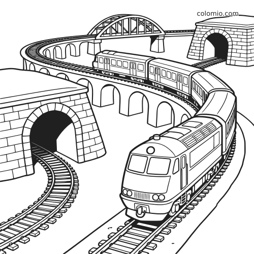 Desenho em preto e branco de um trem em miniatura com locomotiva, vagões, trilhos curvos, túneis e pontes.