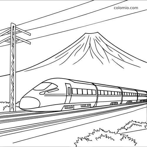 Um trem-bala de alta velocidade visto de lado passando diante do Monte Fuji, com trilhos longos e linhas elétricas aéreas.
