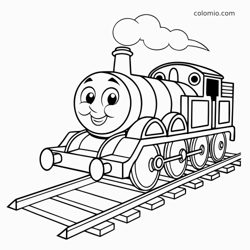 Uma locomotiva a vapor em estilo cartoon, com rosto sorridente, fumaça saindo da chaminé e trilhos de trem.