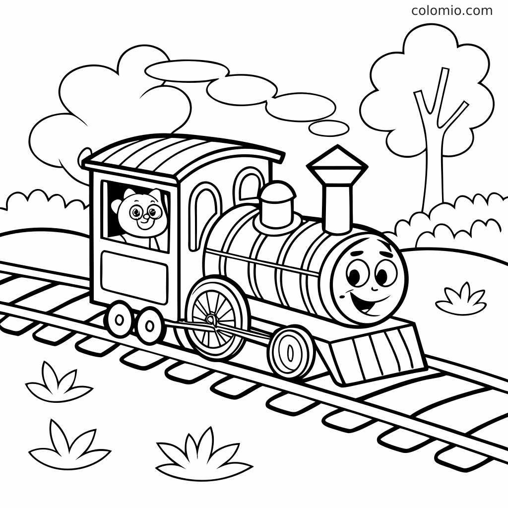 Een stoomtrein met een glimlachend gezicht rijdt over spoorrails, met een beer zichtbaar in de cabine en bomen en wolken eromheen.