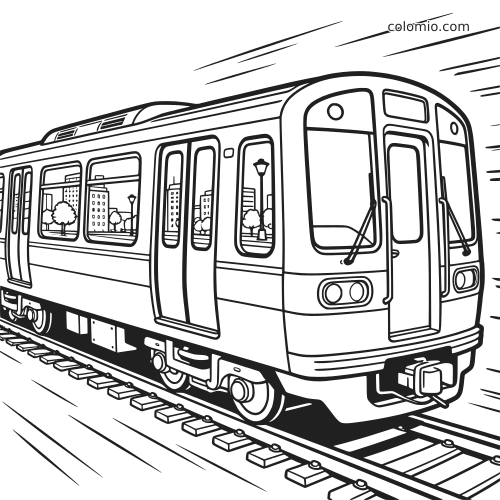 Um trem do metrô visto de lado e pela frente, com janelas mostrando prédios, árvores e postes em um desenho de contorno.