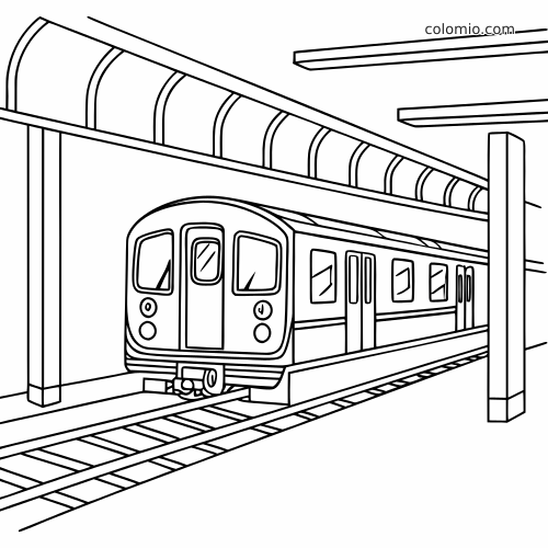 Desenho em linhas de um trem do metrô chegando a uma plataforma subterrânea, em perspectiva, com trilhos e pilares da estação.