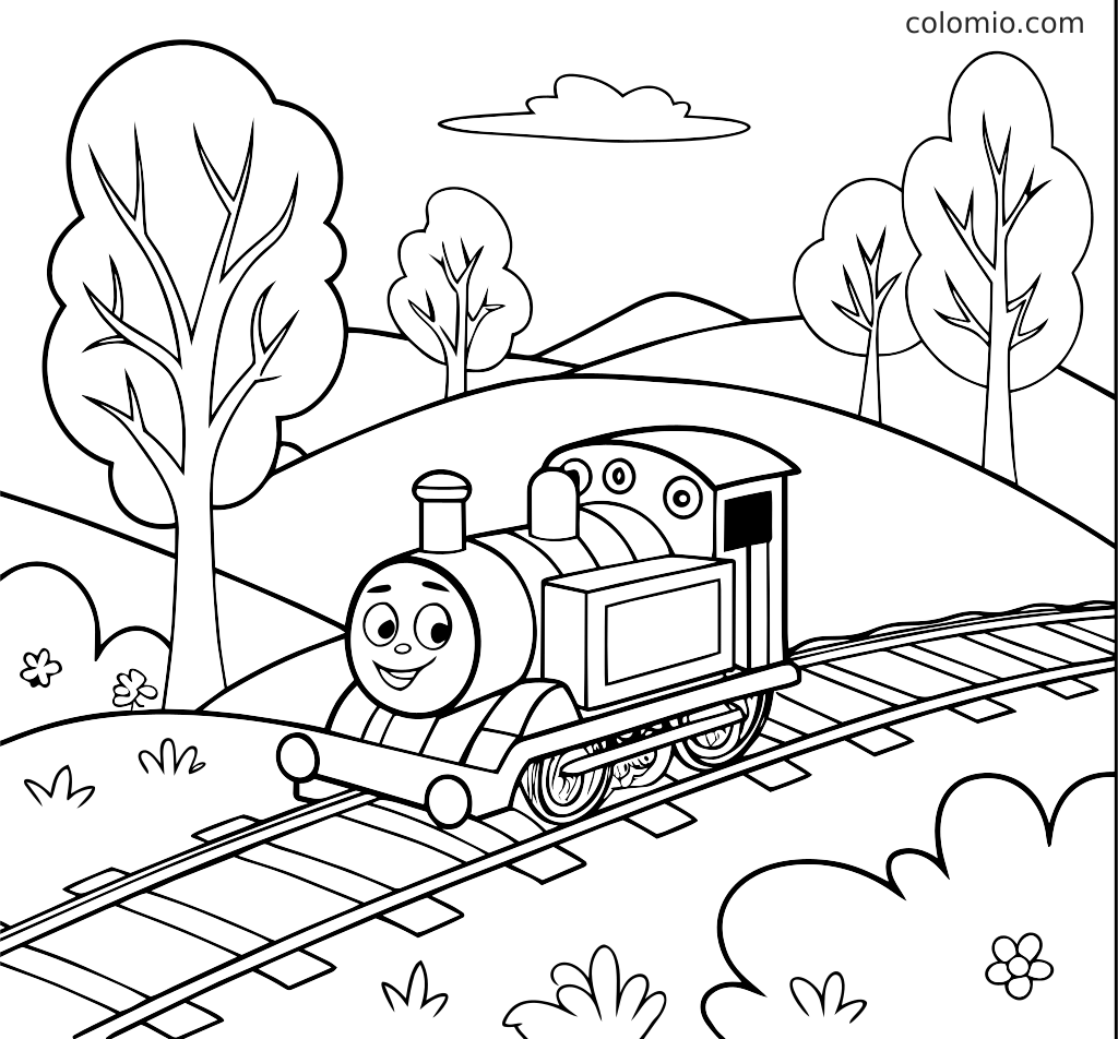 Een glimlachende trein op spoorrails in een heuvelachtig landschap met meerdere bomen, struiken, bloemen en een wolk erboven.