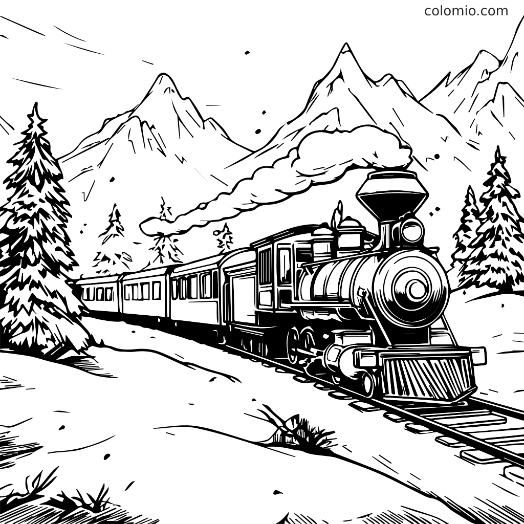 Musta-valkoinen värityssivu, jossa höyryjuna kulkee vuoristomaiseman läpi puineen.