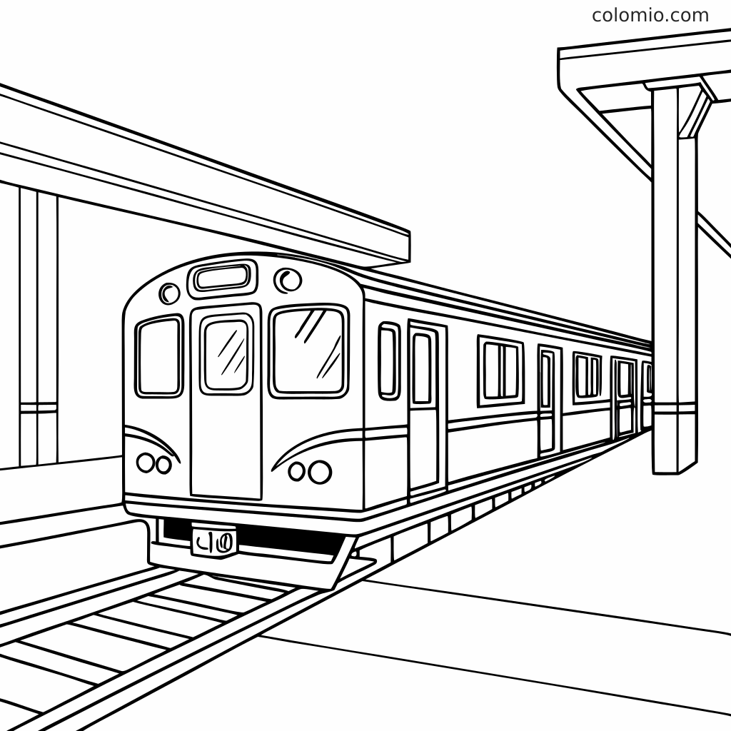Een trein staat op de rails bij het perron, van voren gezien, met meerdere wagons en steunpilaren van het stationsdak.