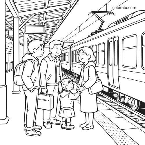 Uma família se despede na plataforma de uma estação ao lado de um trem de passageiros moderno, em desenho de traços detalhados.