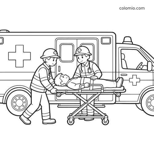 Dois paramédicos colocam um paciente em uma maca ao lado de uma ambulância em uma cena simples de traço.