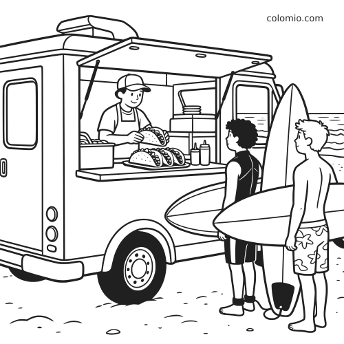 Um food truck de tacos na praia atende dois surfistas na fila, com pranchas de surfe ao lado do mar.