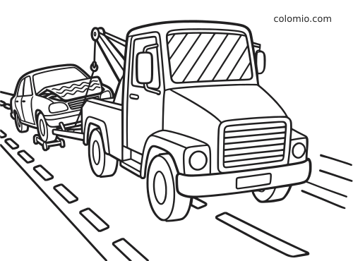 Um guincho em primeiro plano reboca um carro quebrado pela estrada em um desenho simples em preto e branco.