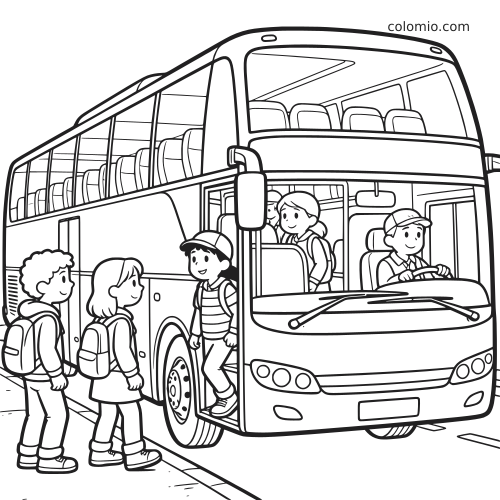 Um ônibus de viagem grande com crianças embarcando pela porta da frente, em ilustração de contorno simples para colorir.