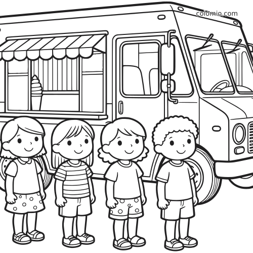 Um caminhão de sorvete com toldo listrado e quatro crianças sorrindo em pé na frente, em estilo simples de desenho.