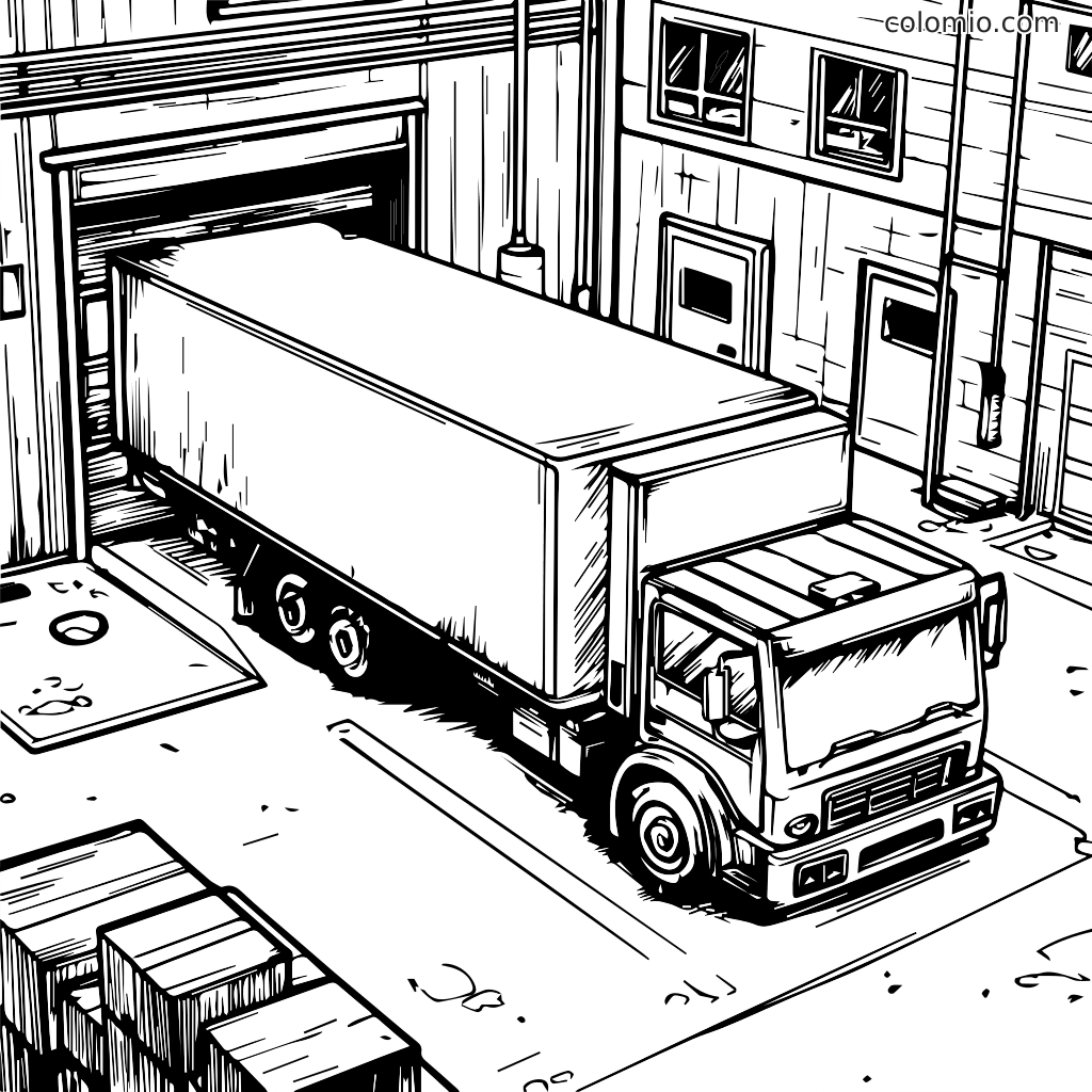 Szczegółowa strona do kolorowania przedstawiająca ciężarówkę dostawczą zaparkowaną przy dokach załadunkowych magazynu.