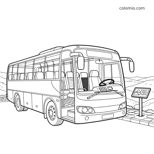 Um ônibus de turismo detalhado parado em um mirante, visto de frente, com a porta aberta, bancos visíveis e uma placa informativa.