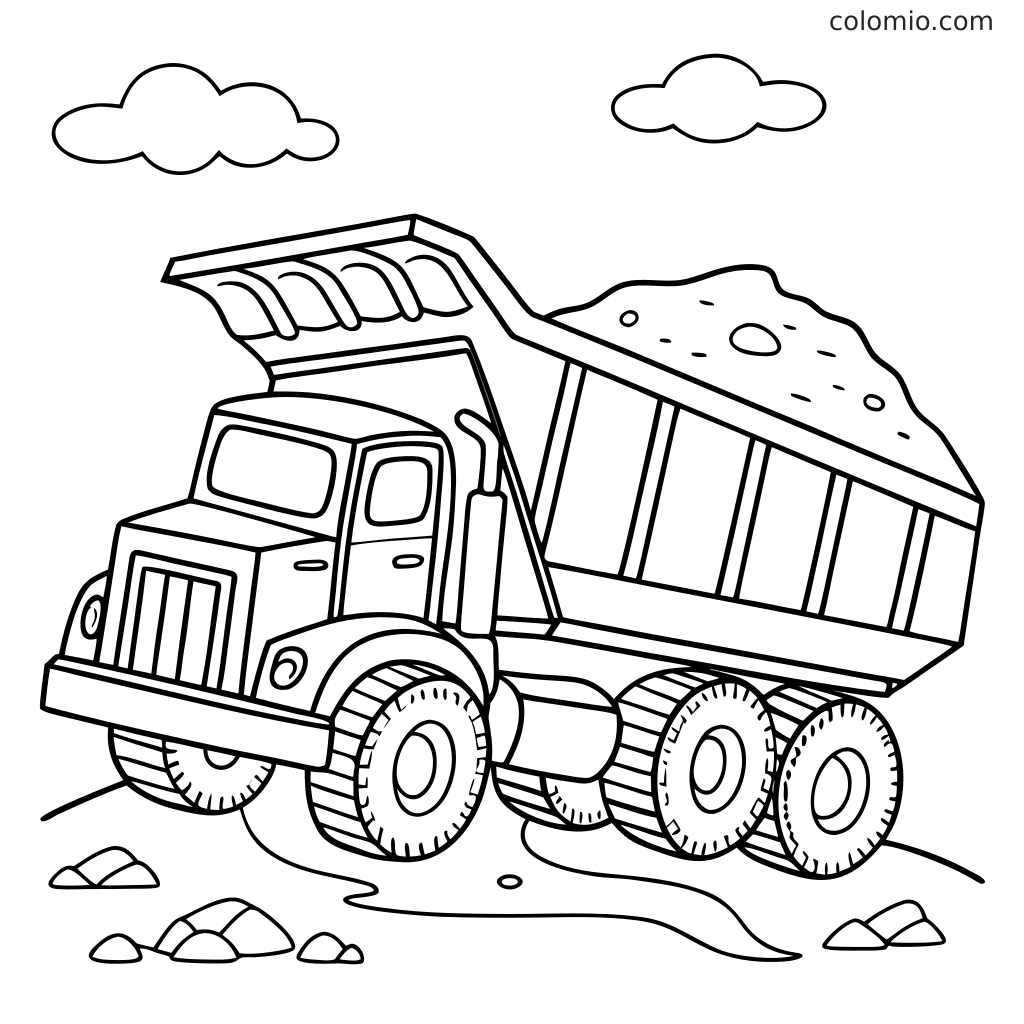 Kolorowanka przedstawiająca dużą ciężarówkę budowlaną z podniesioną skrzynią pełną ziemi, kamieniami na ziemi i dwiema chmurami nad nią.