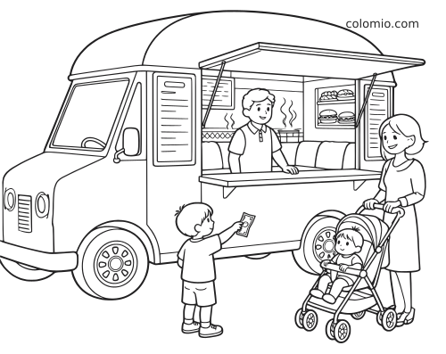 Um food truck atende uma família, com uma criança pagando e um adulto empurrando um carrinho de bebê ao lado da janela.