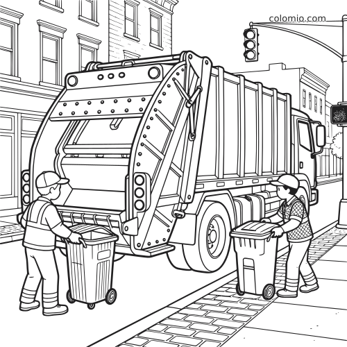 Um caminhão de lixo em uma rua da cidade, com dois coletores empurrando lixeiras até a parte traseira do veículo.