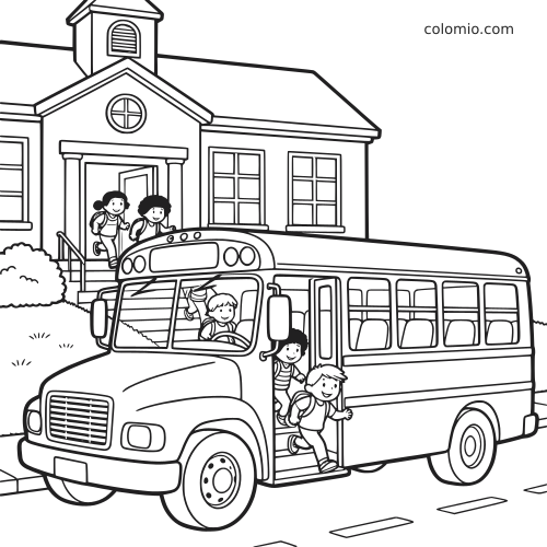 Um ônibus escolar parado em frente à escola enquanto várias crianças saem pela porta e descem os degraus.