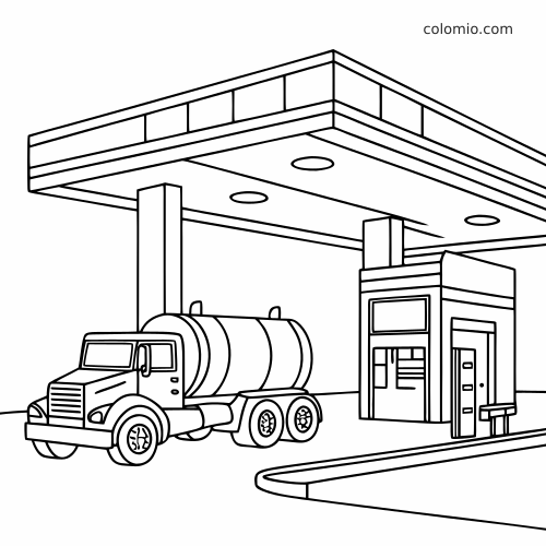 Um caminhão-tanque simples ao lado da bomba e da cobertura de um posto de gasolina, em traços limpos e minimalistas.