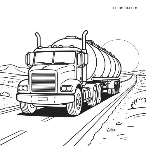 Um caminhão-tanque dirige por uma estrada no deserto ao pôr do sol, em estilo de desenho de contorno para colorir.