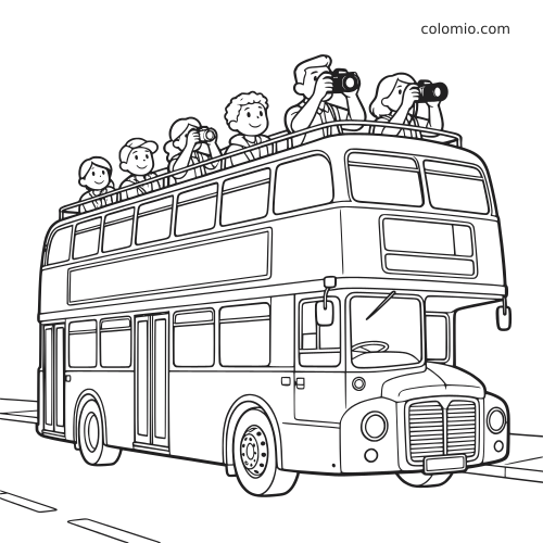 Desenho em preto e branco de um ônibus de dois andares com turistas no andar superior tirando fotos com câmeras.