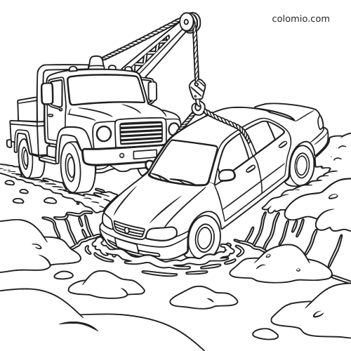 Desenho em preto e branco de um caminhão-guincho puxando um sedã para fora de uma vala com água gelada e neve ao redor.