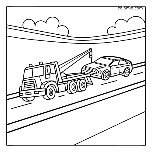 Um guincho puxa um carro na rodovia, com faixas na pista e nuvens ao fundo em traços simples.