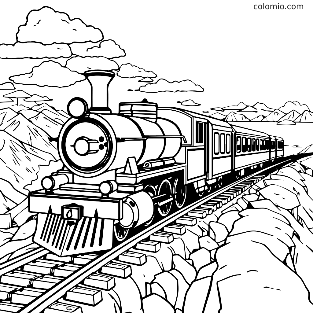 Et detaljeret malebillede af et vintage damplokomotiv, der kører på skinner gennem bjerge og skyer.